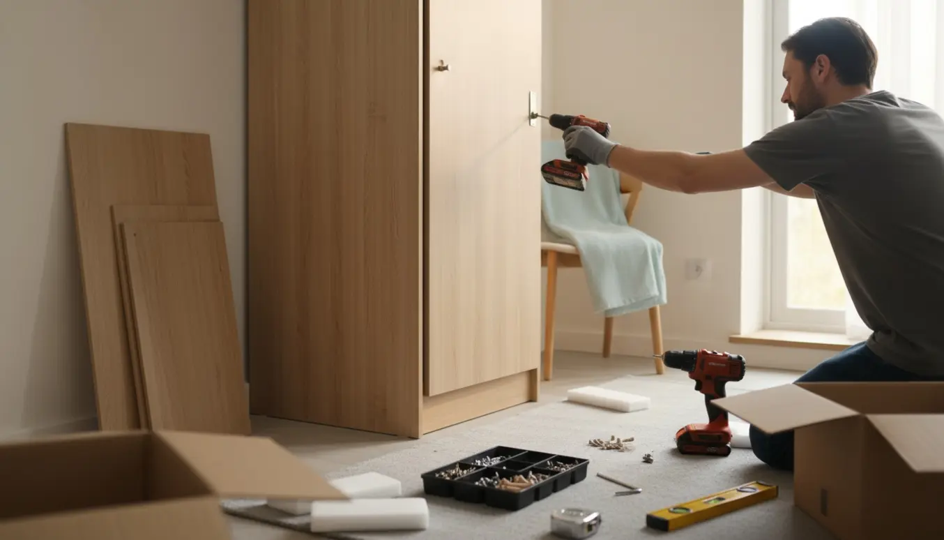 Delvist samlet enkeltfløjet tøjskab med værktøj og hænder, der monterer hængsel i et lyst soveværelse.