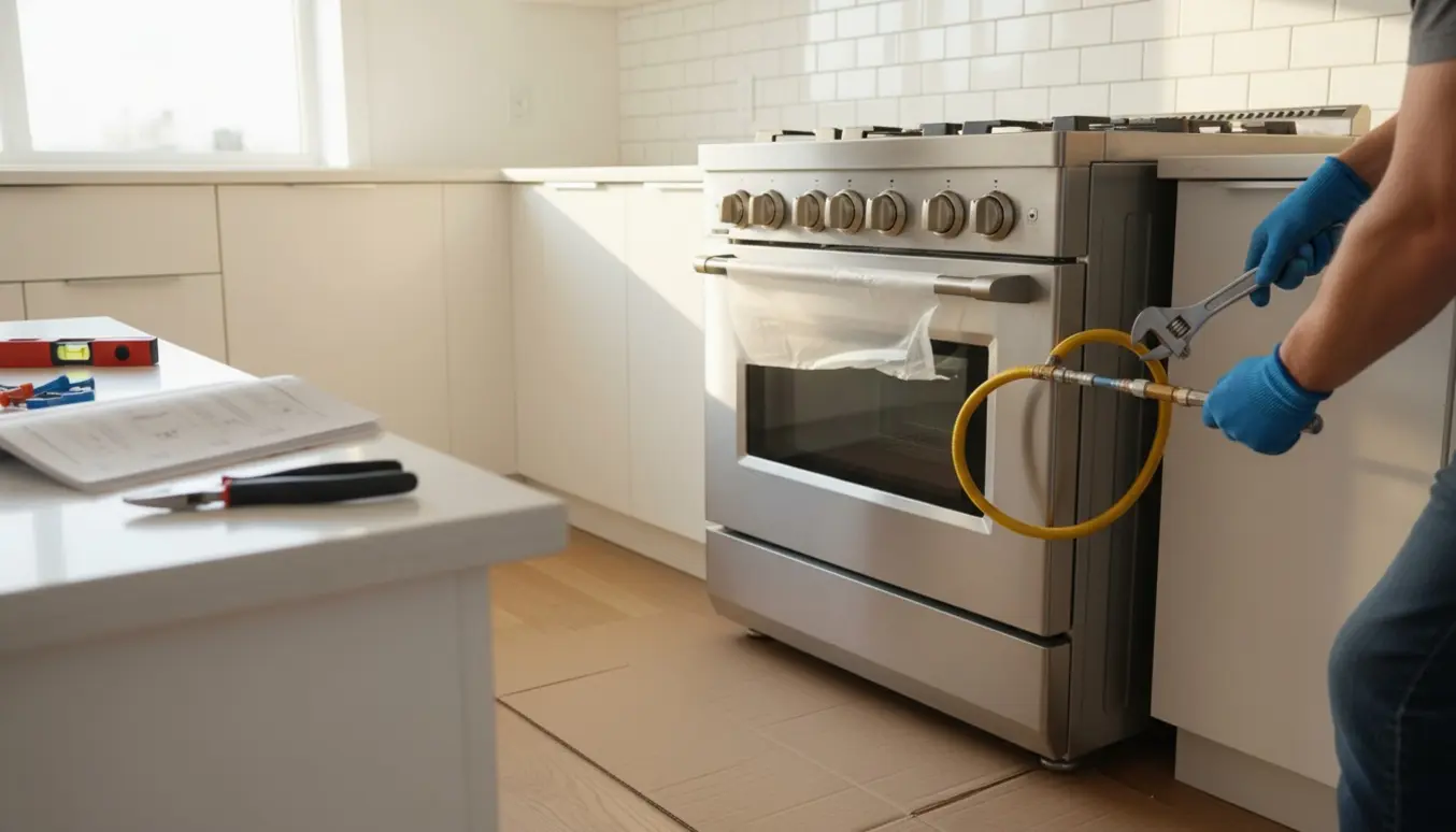 Installatør forbinder fleksibel gas- eller elkabel til et nyt rustfrit stålkomfur i et lyst køkken.