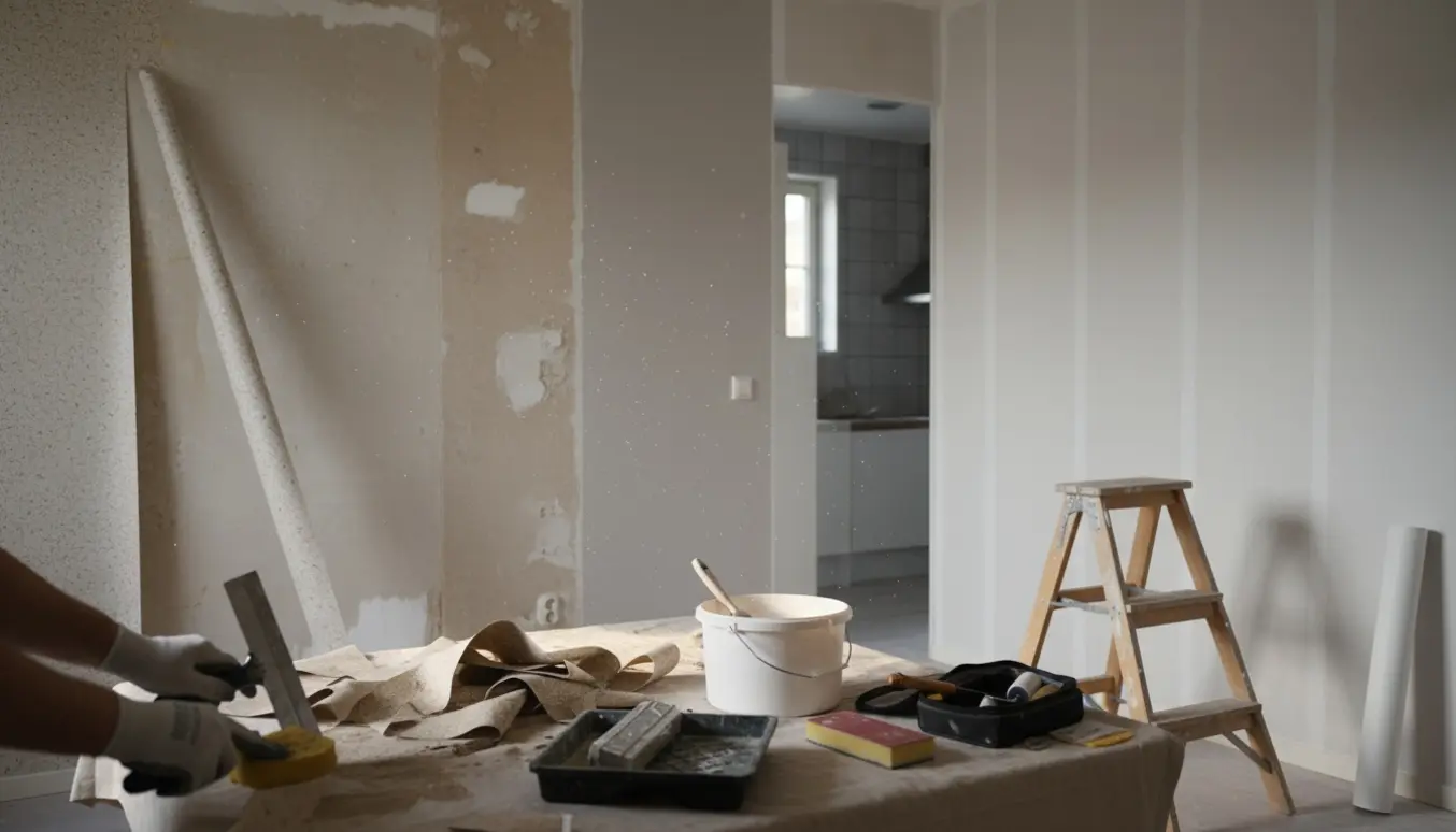 Værelse under renovering med savsmuldstapet der fjernes og filt opsat klar til maling.