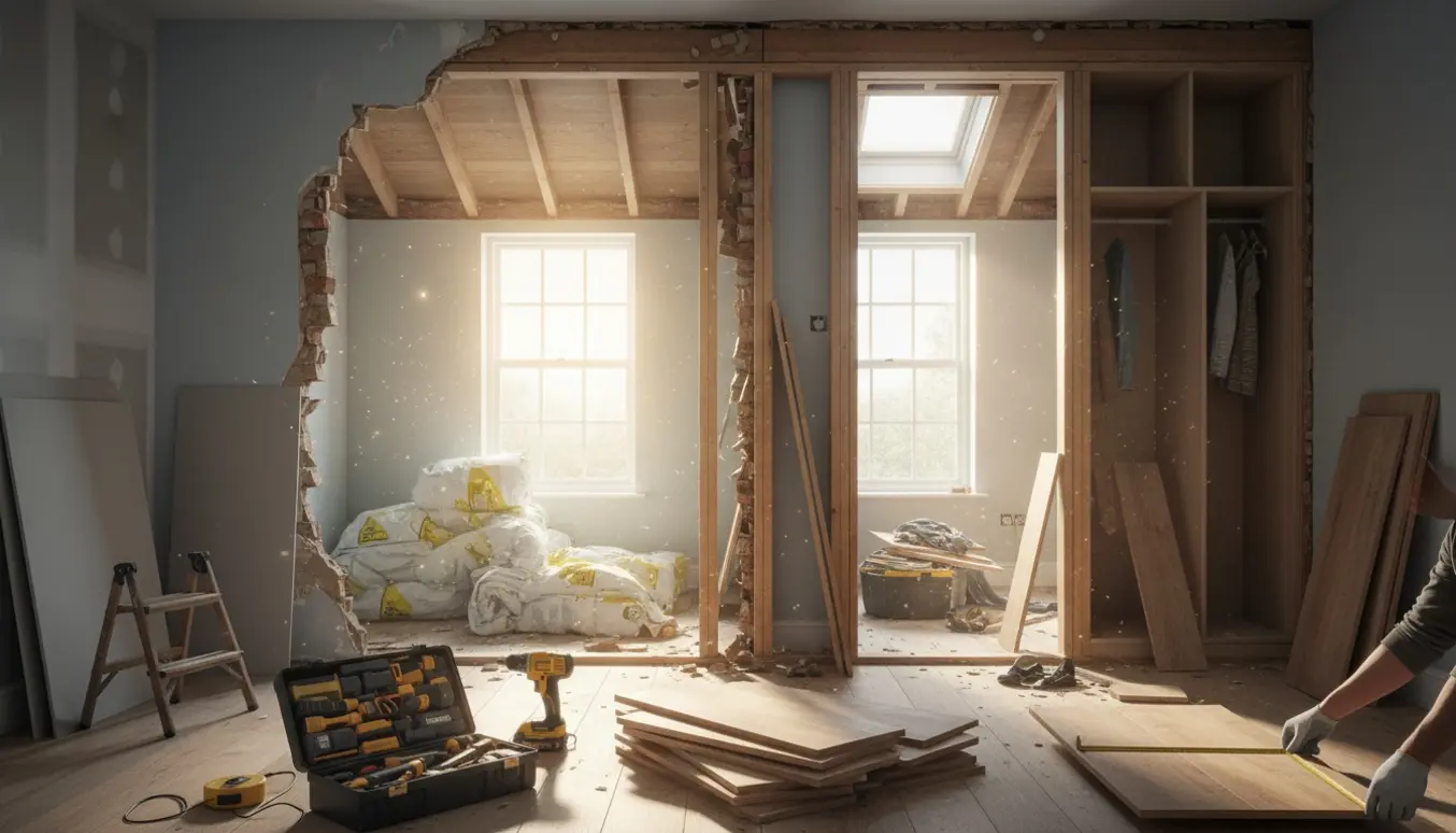 Første sal i rækkehus under renovering med ny vinduesåbning, isolering og bygge-materialer.