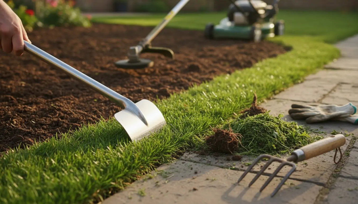 Nærbillede af kantning og lugning langs en græsplæne med en skarp kant og friske græsafklip.