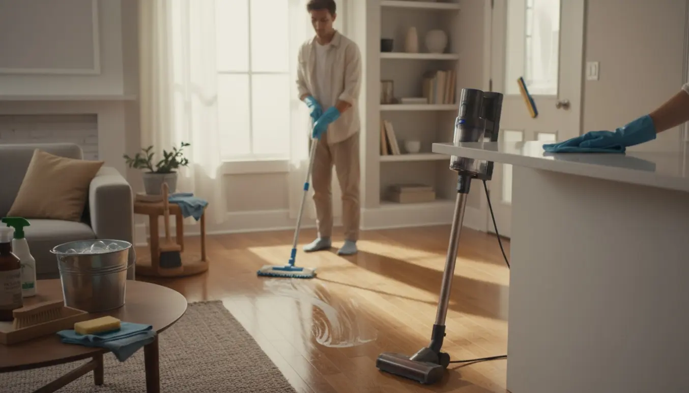 Hænder gør rent i et lyst stuekøkken med støvsuger, moppe og rengøringsmidler, og rene overflader i fokus.