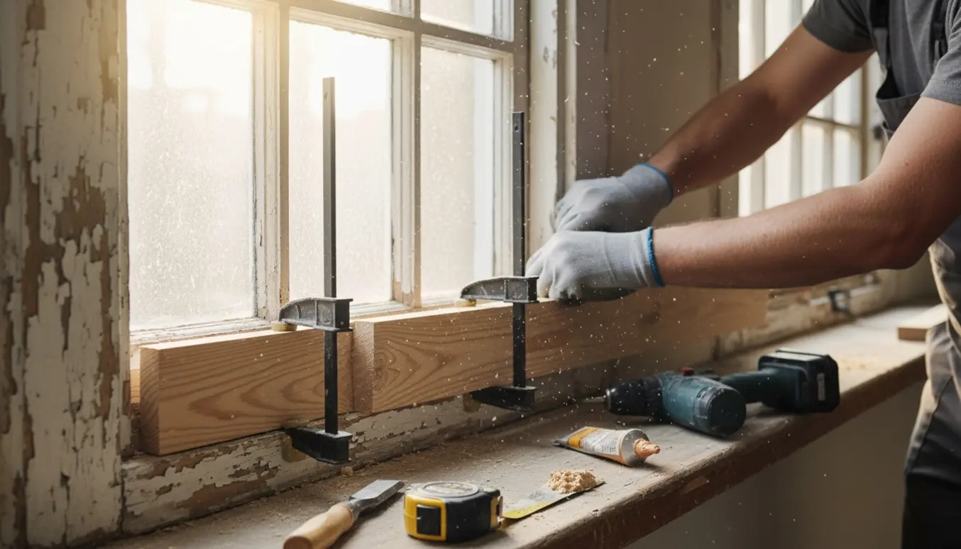 Tæt foto af hænder, der monterer en ny træstykke i nederste vinduesramme med værktøj på vindueskarmen.