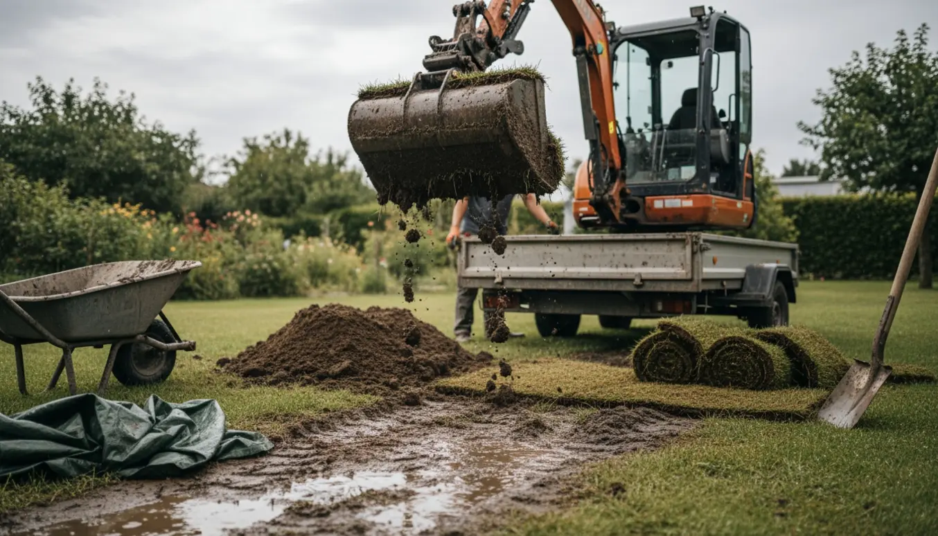 Mini gravemaskine læsser våd jord og græstørv på trailer klar til bortkørsel.