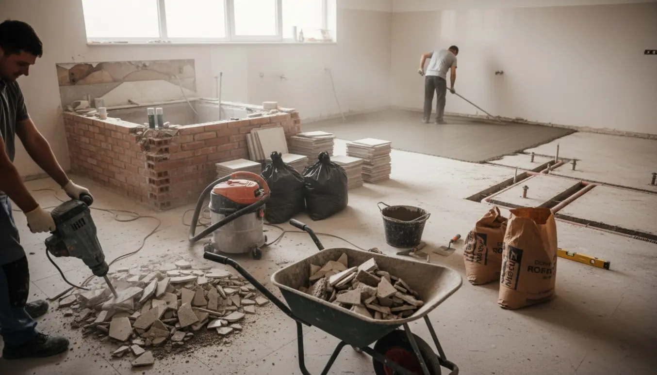 Nedbrydning af flisegulv og muret spa med eksponerede nedfræste fjernvarmerør og forberedelse af slidlag.