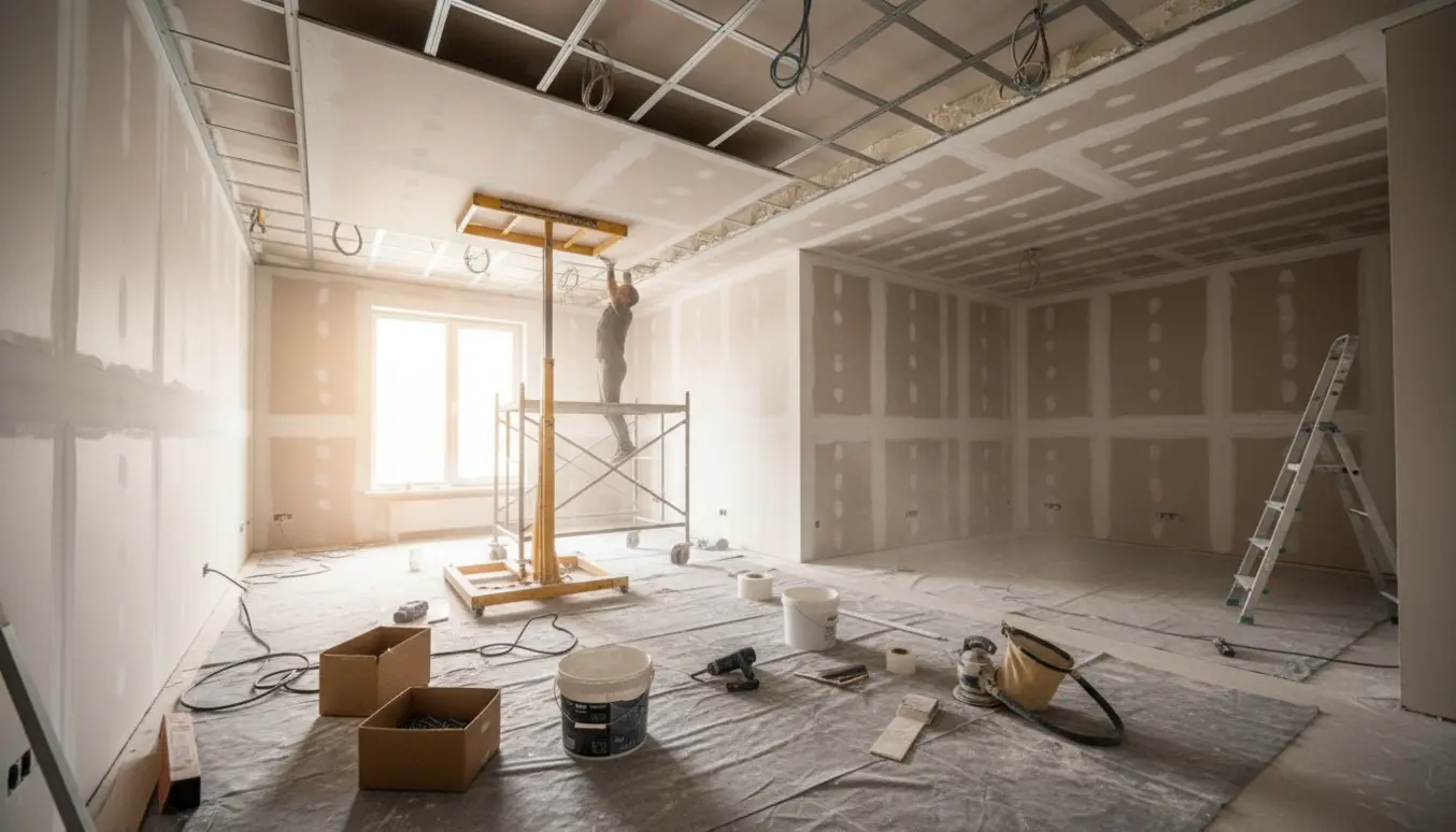 Halvfærdigt loft med opsatte gipsplader, spartlede samlinger og værktøj klar til slibning og maling.