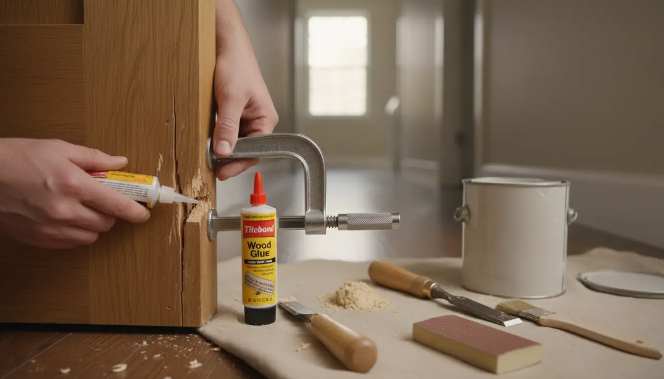 Tæt foto af en person, der reparerer en flækket dørkarm med trælim, klemme og spartel.