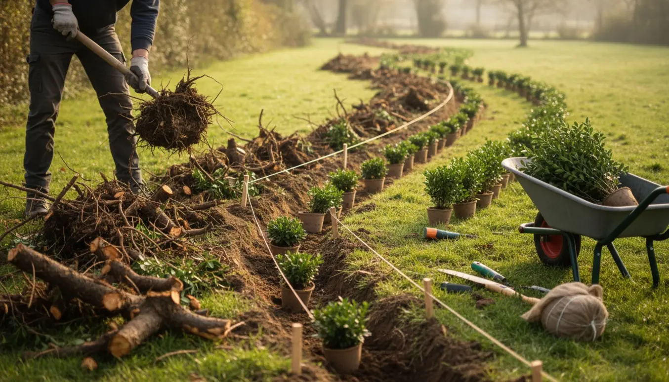 Opgravning af gammel ligusterhæk og plantning af ny ligusterhæk langs en lang række.