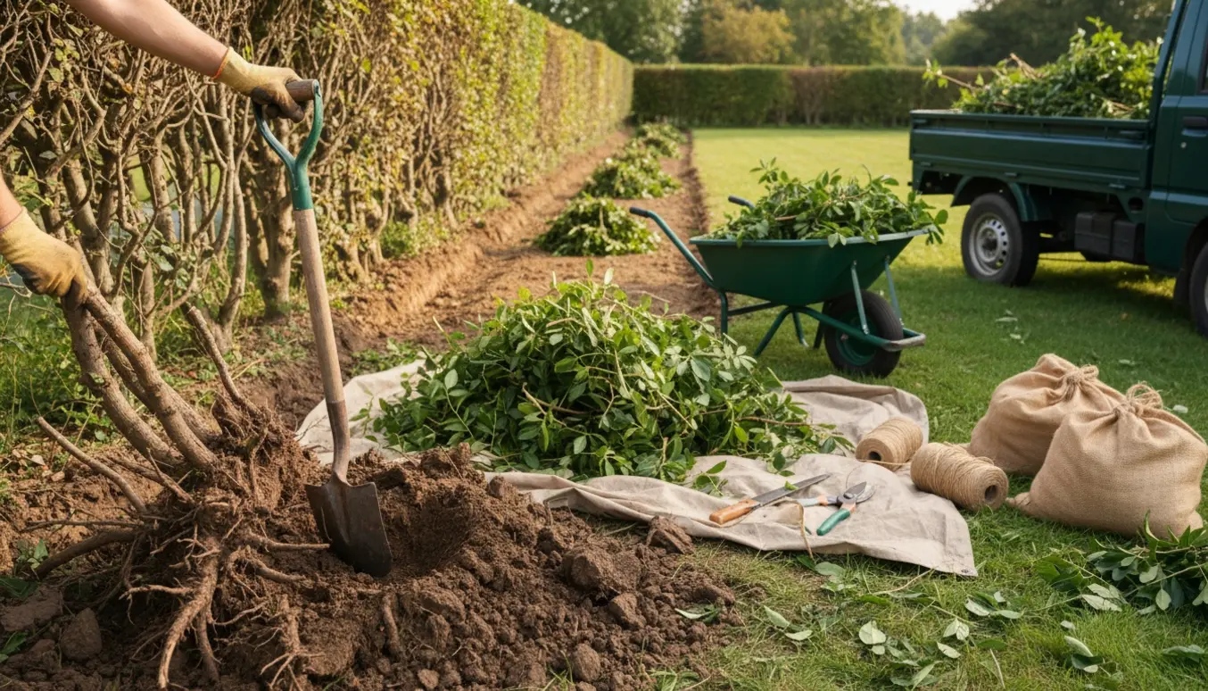 En delvis gravet hæk med rodklumper, trillebør og bunker af hækaffald klar til afhentning.