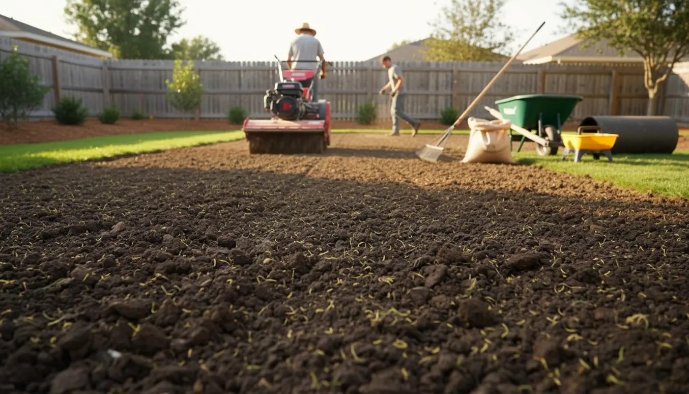 En person ses bagfra mens en stennedlægningsfræser jævner jorden og en anden sår græs til en ny plæne.