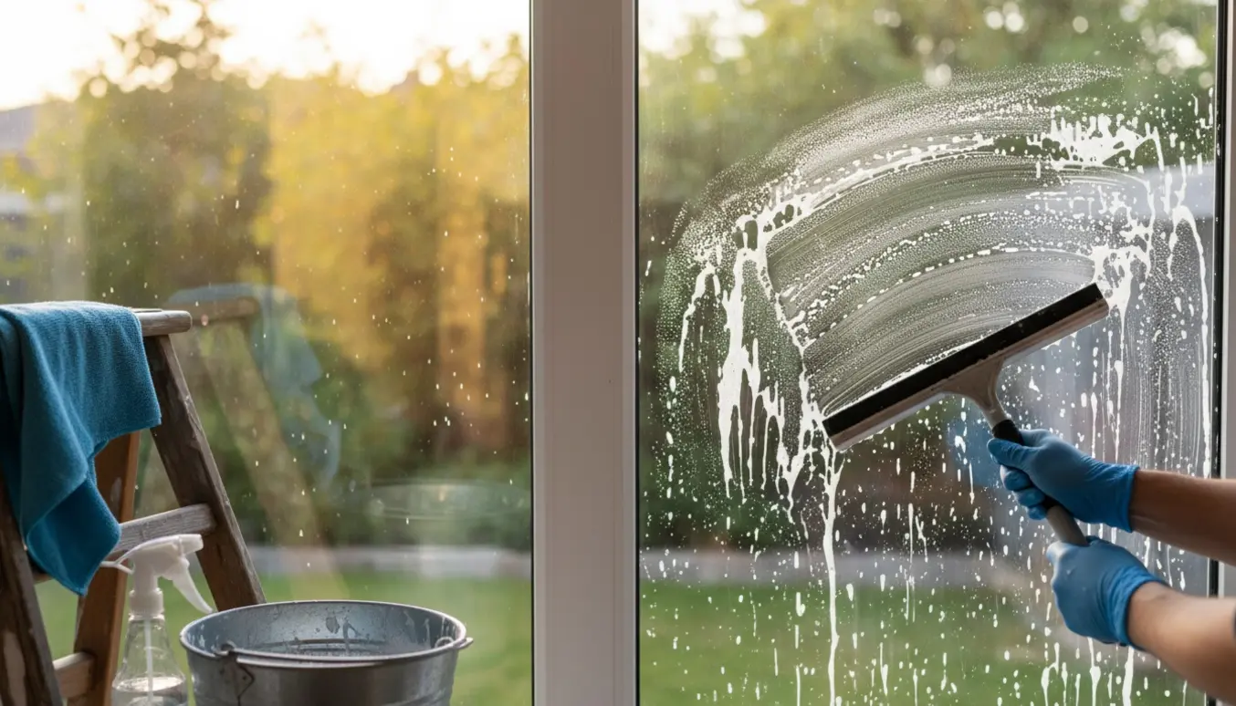 Et vindue bliver pudset med en gummiskraber og en spand med sæbe i aftensolens skær.