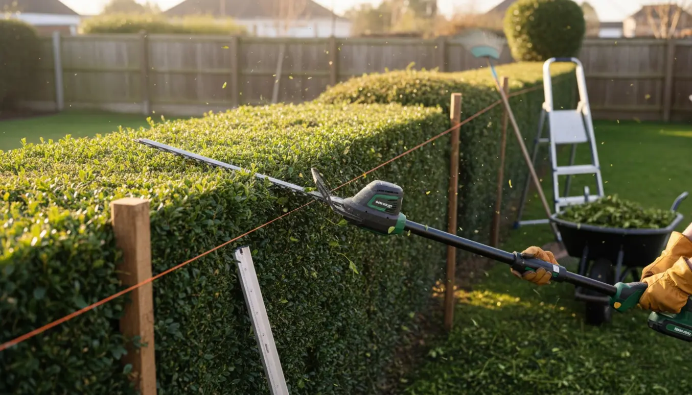 Lang ligusterhæk bliver trimmet fladt i toppen med en snor som rettesnor og kviste i en trillebør.
