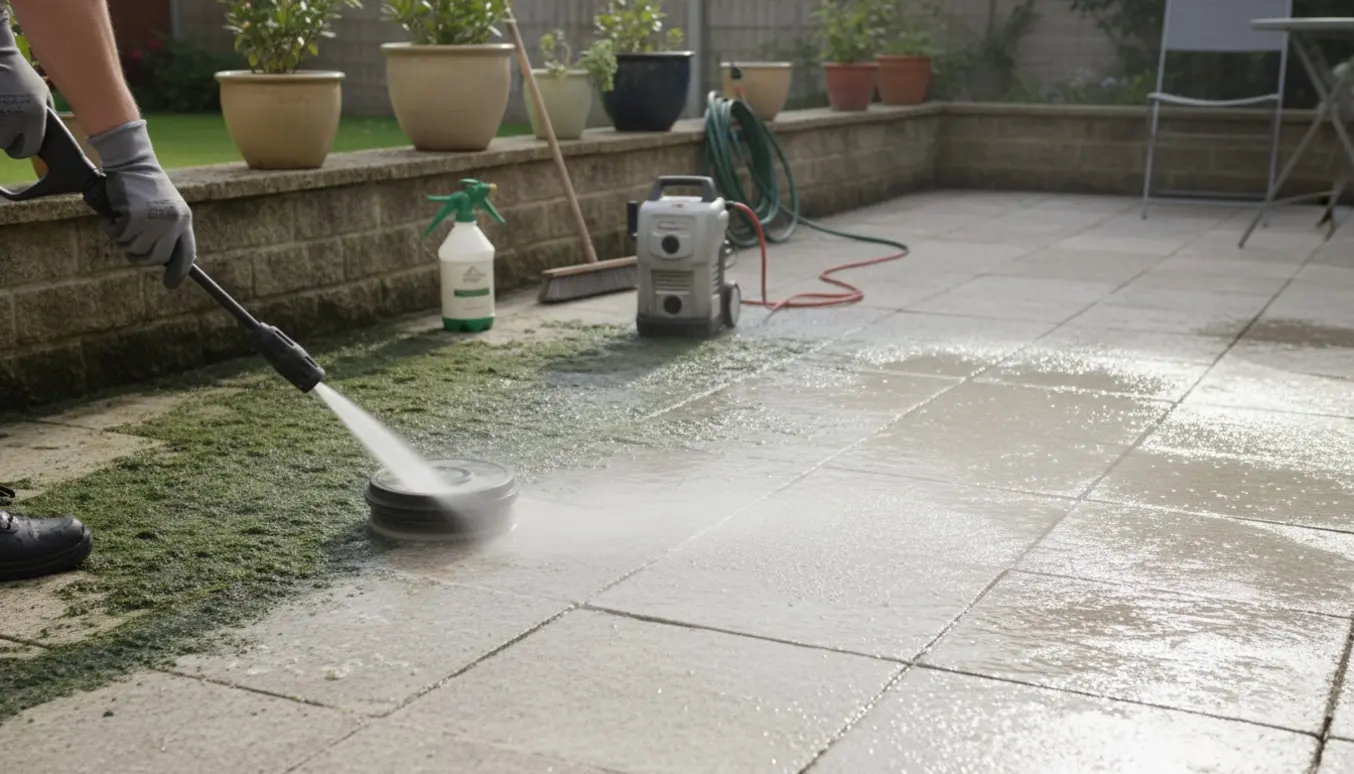 Person renser fliseterrasse (ca. 20 m²) for alger med højtryksrenser og sprøjte.
