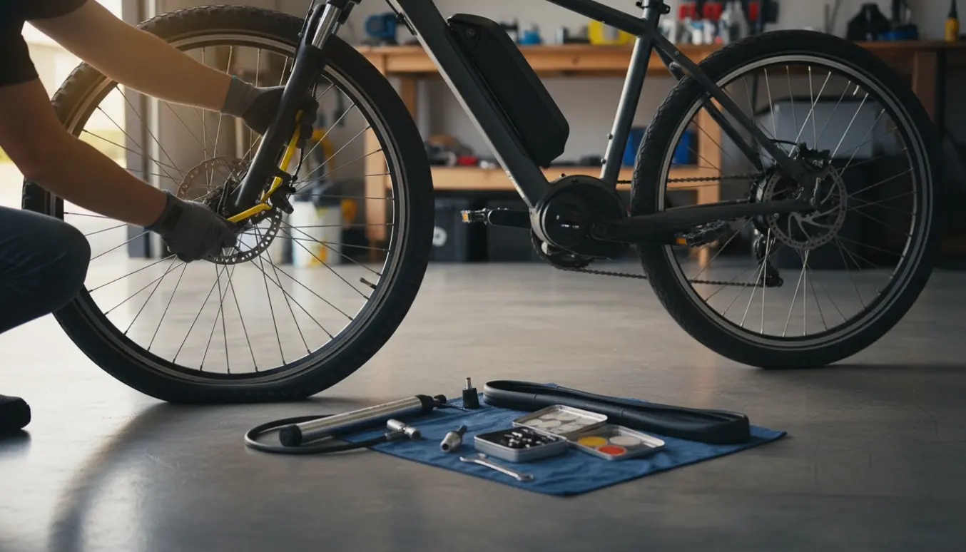 Nærbillede af en elcykel med flade dæk og reparationværktøj i et lyst værksted.
