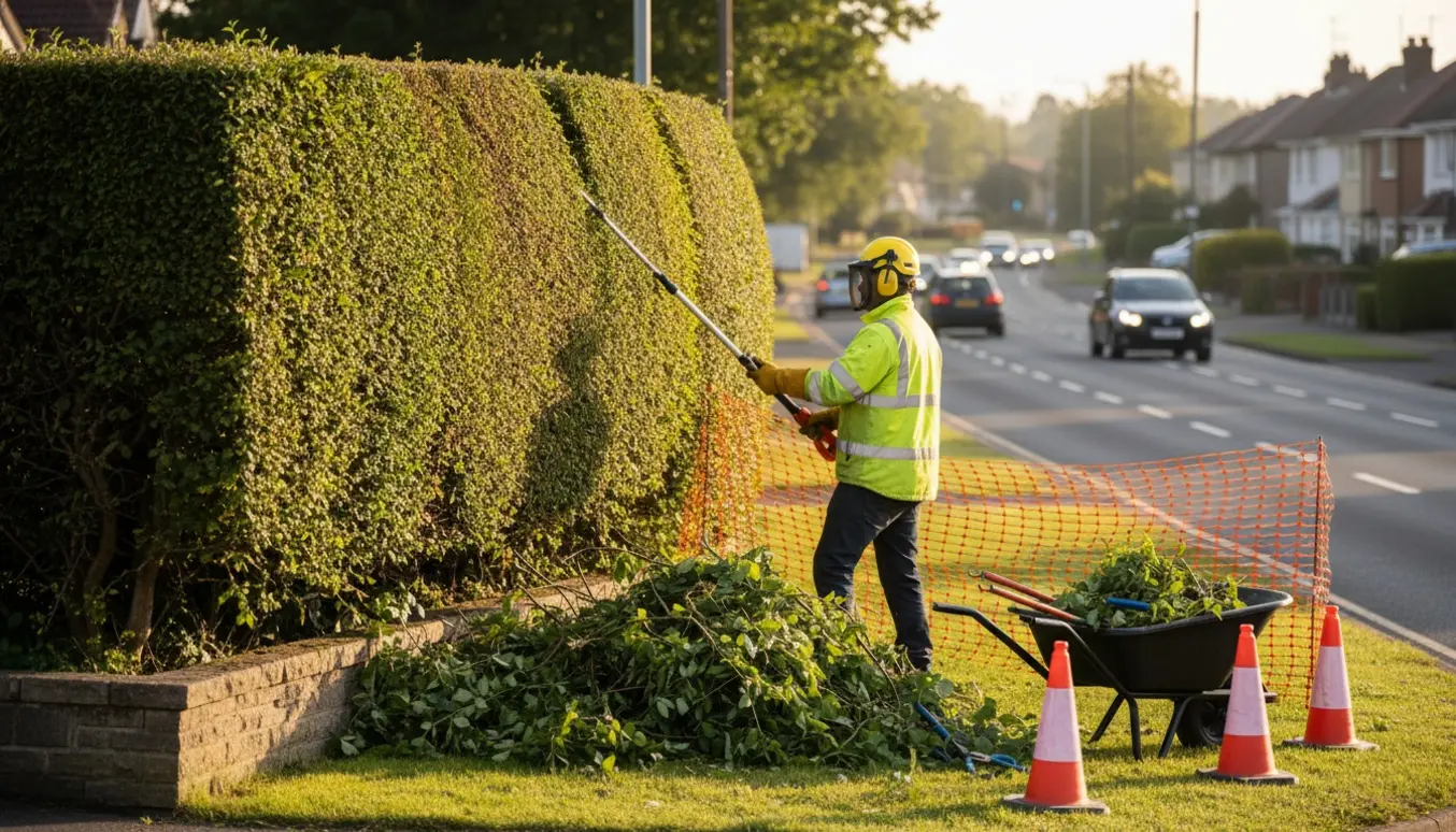 Professionel beskærer en vildtvoksende hæk langs en trafikeret vej med sikkerhedsafskærmning og en bunke afklip på grunden.