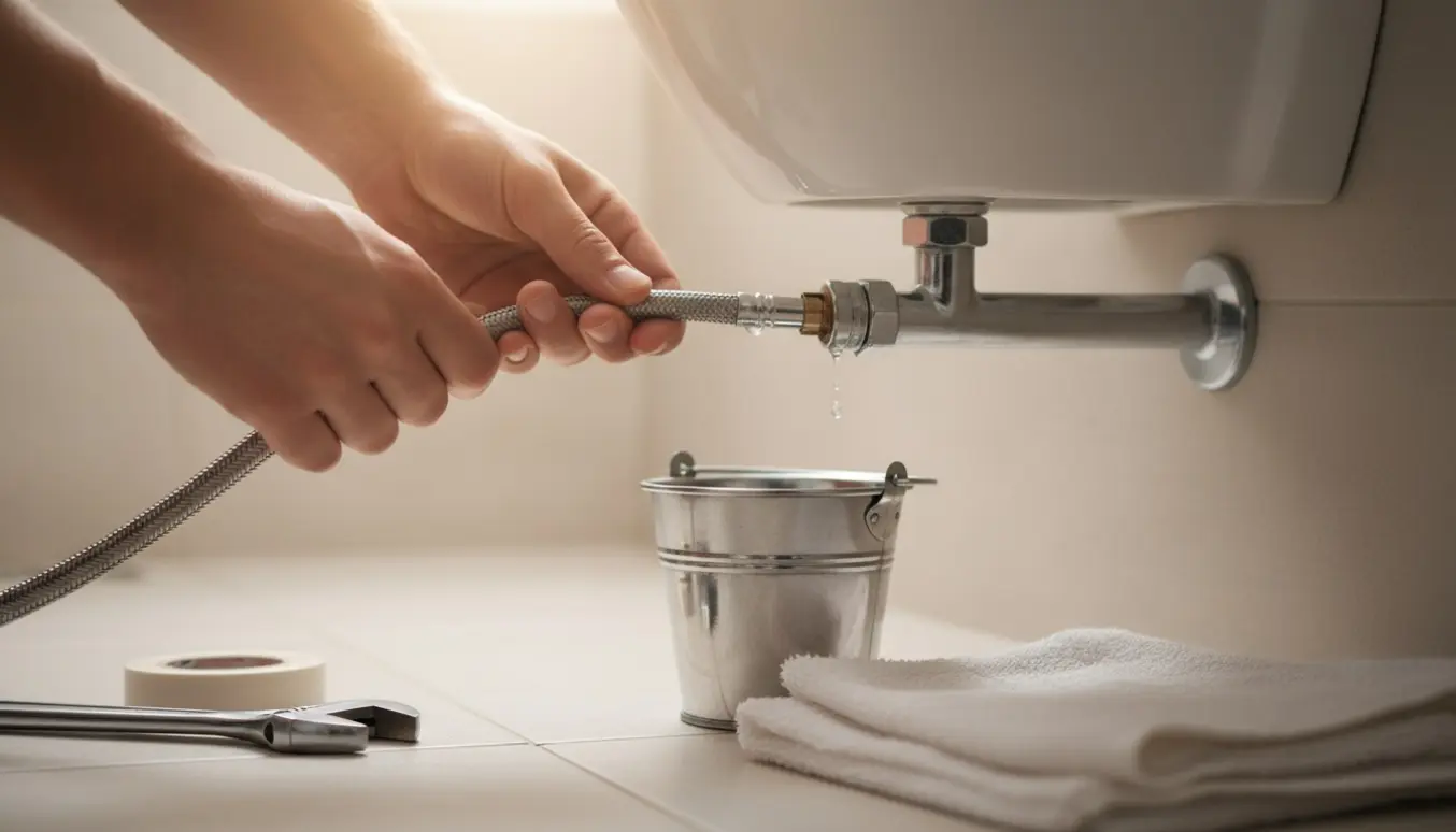 Nærbillede af hænder, der udskifter en utæt fleksibel vandforsyningsslange til et toilet med skruenøgle og spand under.