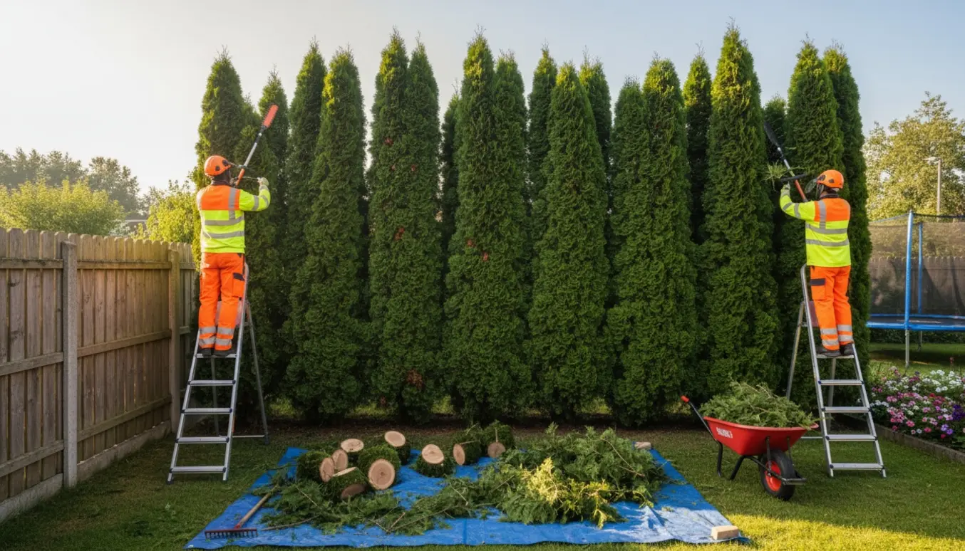 Havescene med to personer, der topkapper en række thujaer, grene samlet i en trillebør og en trampolin i baggrunden.