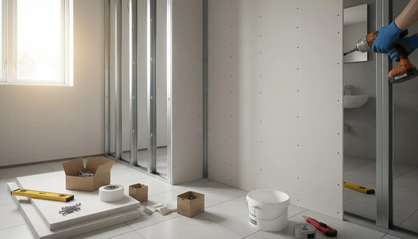 Gipsvæg installeres i et badeværelse med værktøj og materialer klar.