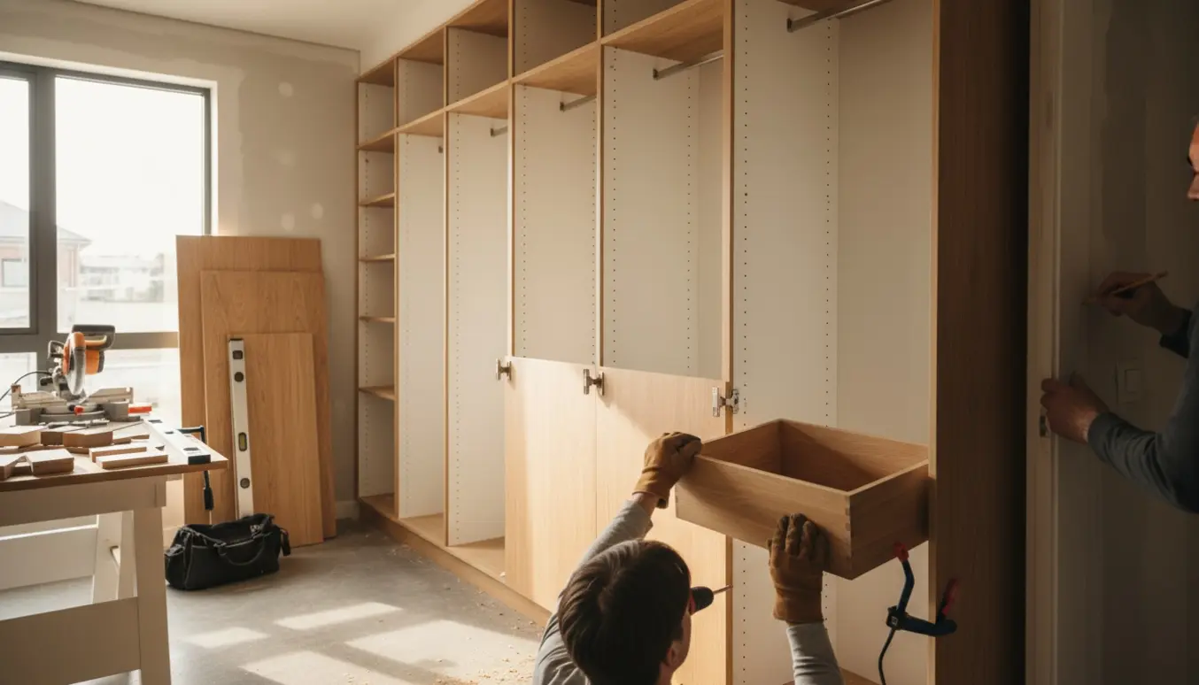 Hænder fra en tømrer monterer et indbygget skab med træpaneler, værktøj og materialprøver i et lyst soveværelse.