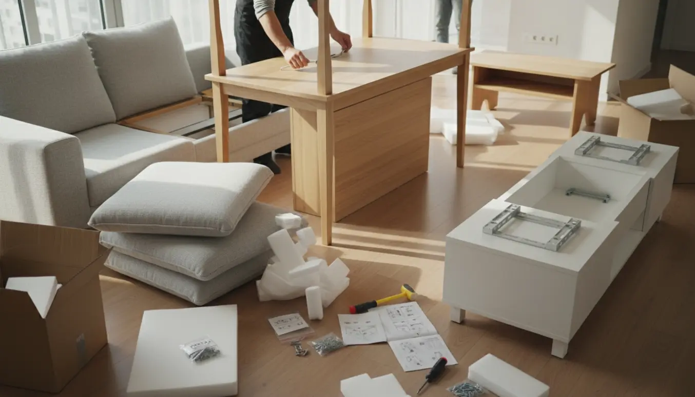 Fladpakkede møbler i en stue under samling, hænder monterer bordben.