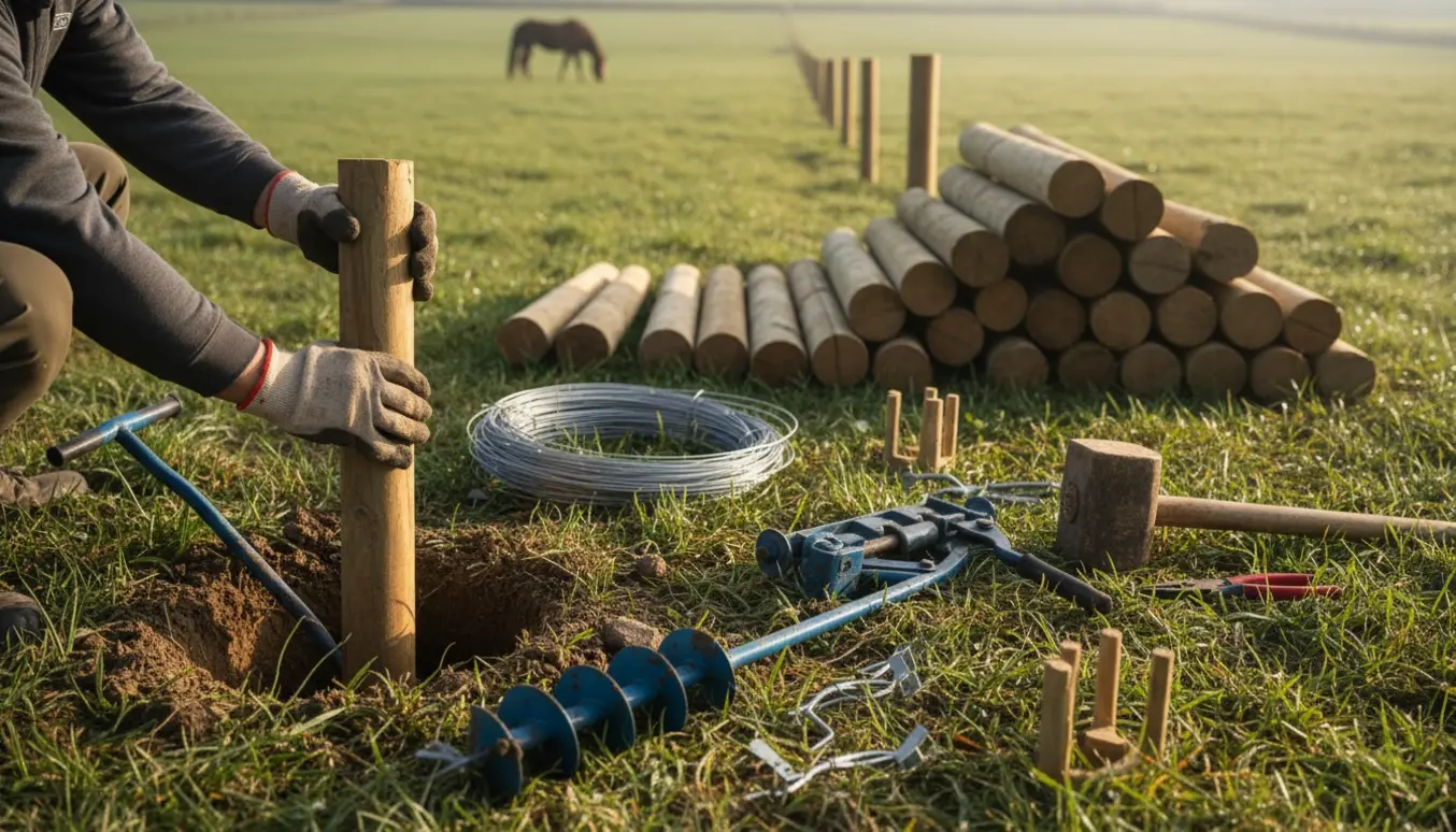 Opsætning af hestehegn med træpæle, manuelt bor, wire og spændeværktøj i en fold.
