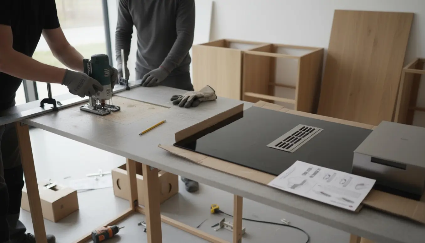 Udskæring i bordplade til induktionskogeplade med integreret emhætte under montering af nyt køkken.