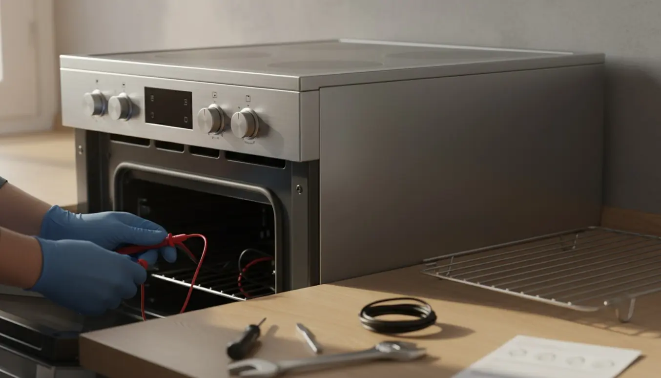 Nærbillede af en åben ovn og to slukkede kogeplader med værktøj på køkkenbordet.