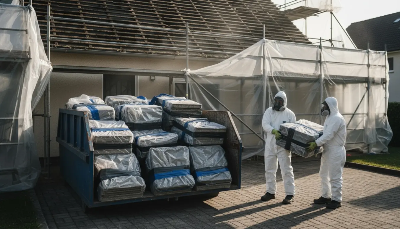 Forseglede plastikposer med eternitplader ved et delvist nedrevet tag og arbejdere i hvide beskyttelsesdragter.