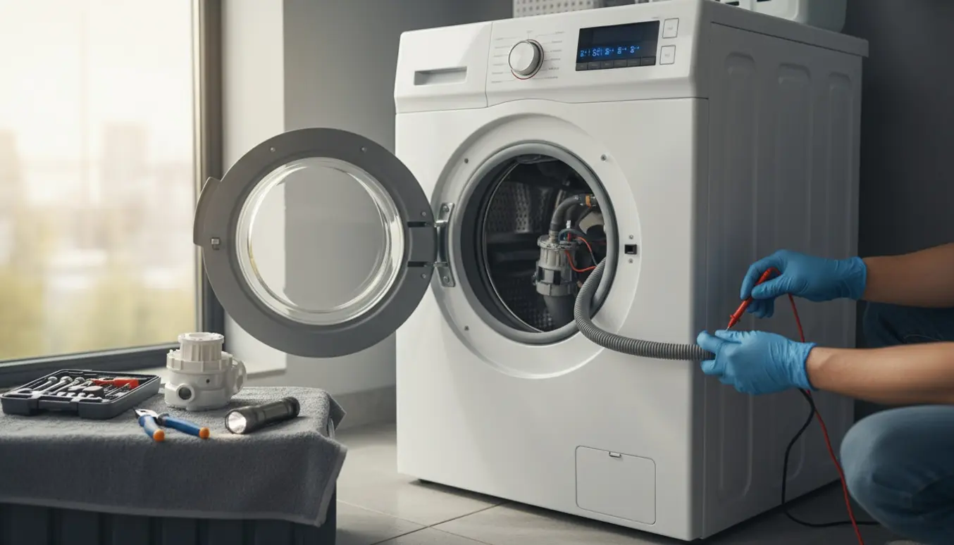 Hænder med multimeter og værktøj reparerer en hvid vaskemaskine med åben servicepanel.