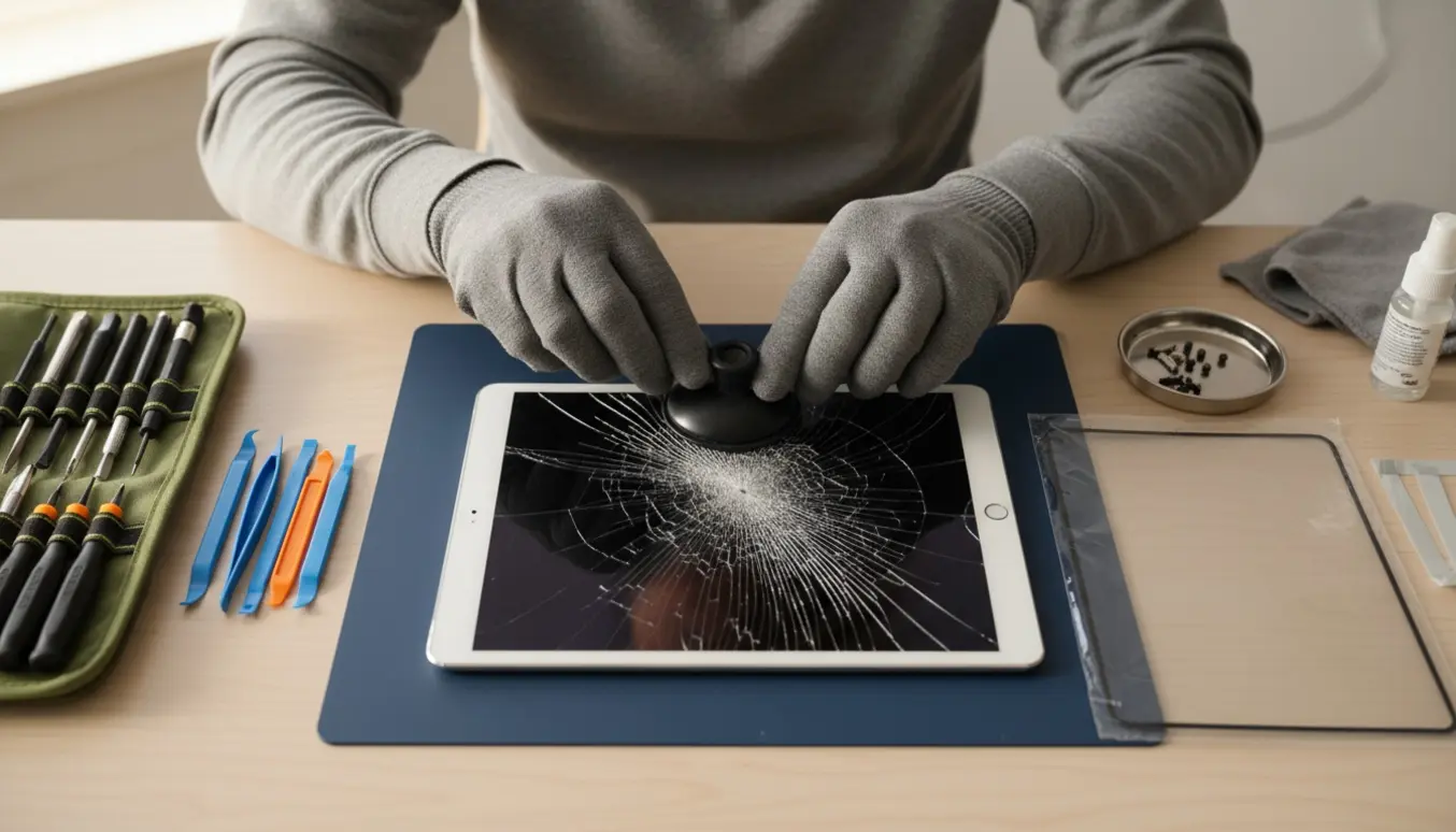 En iPad med knust skærm på et bord omgivet af reparationsværktøj, mens hænder forsigtigt løfter skærmen.