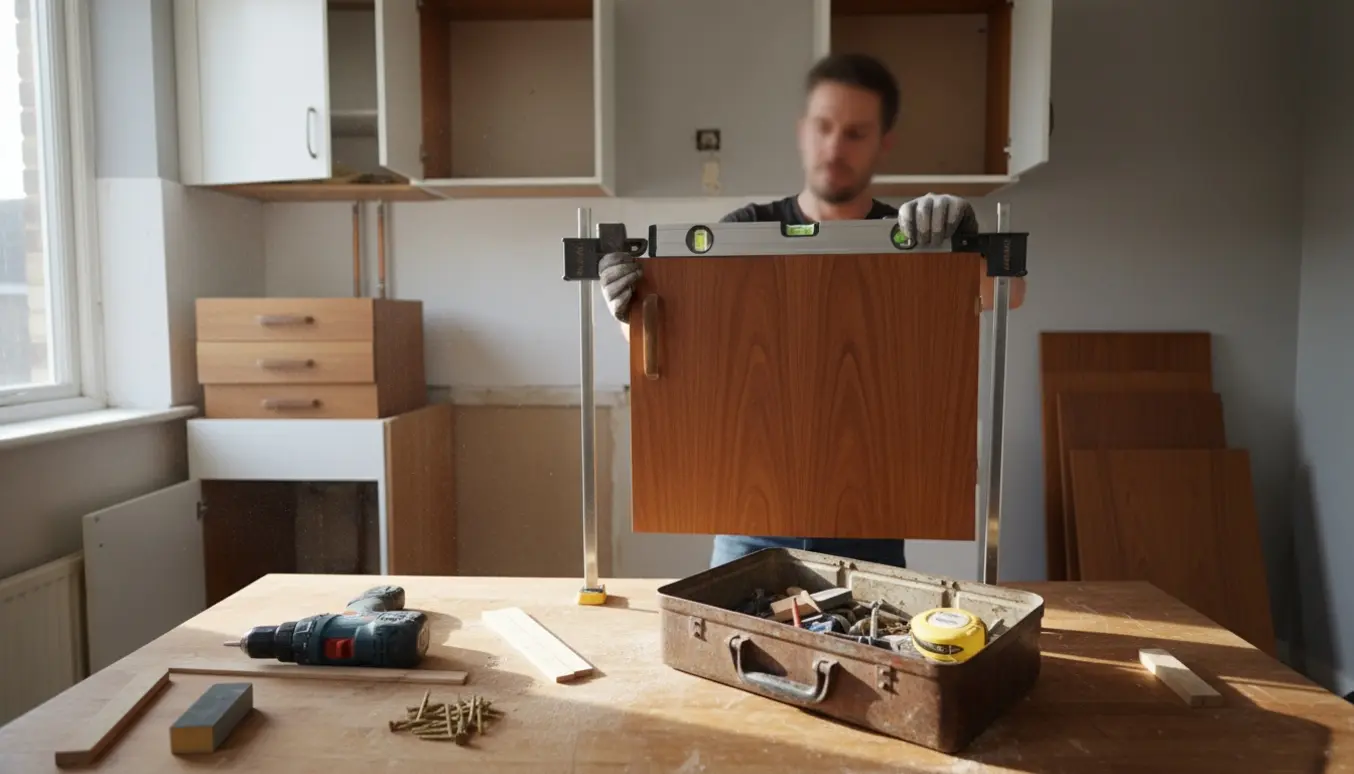 Et lille køkken under renovering, hvor teakskabe fra 60'erne blive genopsat med værktøj og håndværkerhænder i fokus.