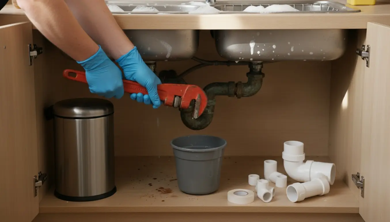 Nærbillede af hænder, der udskifter afløbsrør og rengør vasken i et åbent underskab med en skraldespand ved siden af.