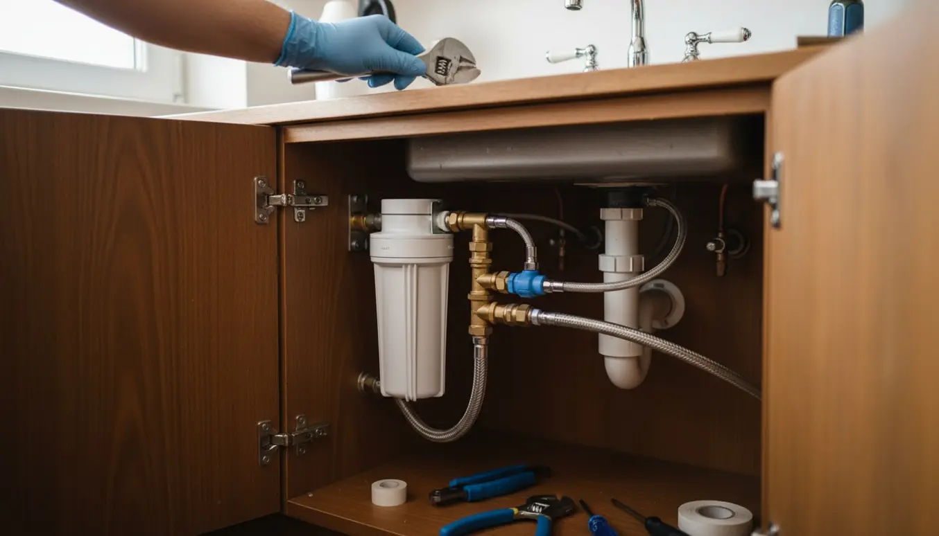 Montering af kompakt undervaskfilter i et 60'er underskab med værktøj og separat taphane til kaffemaskine.