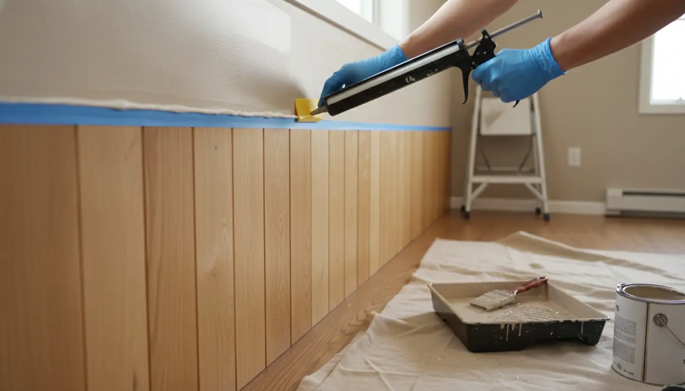 Hænder, der fuger og maler nymalede træpaneler og væg i en lys stue med malertape og malerudstyr.