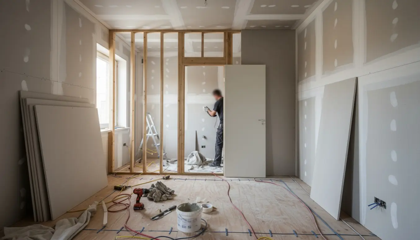 Renoveret værelse med nye gipsvægge og en halvfærdig skillevæg med dør i et lyst, ryddeligt arbejde.