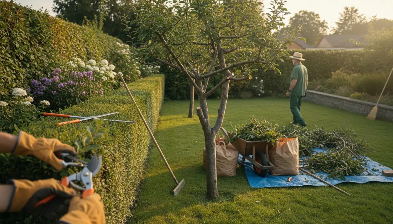 Haveejer beskærer en varieret hæk og et lille blommetræ på græsplænen, med afklip samlet i trillebør og sække.