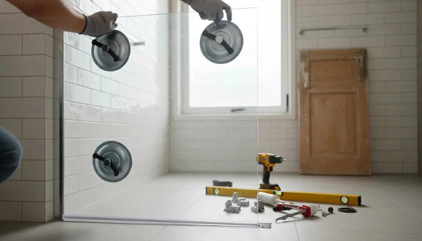 Hænder monterer en ny glasdør i et lyst, moderne badeværelse med værktøj på fliserne.