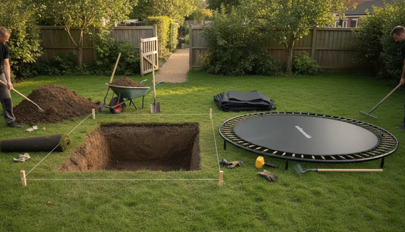 Nyopgravet rektangulært hul i en baghave klar til nedgravet trampolin, med værktøj og åben havelåge.