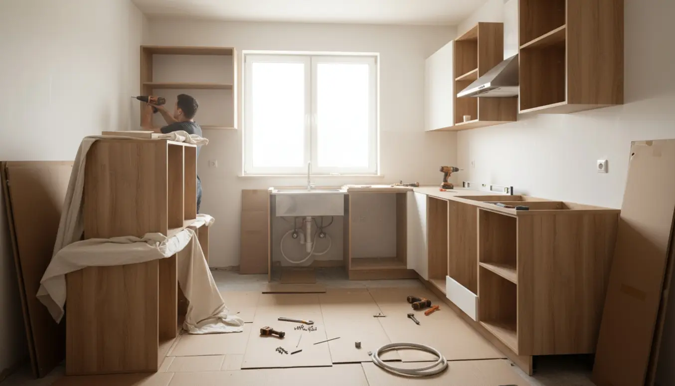 Nyt køkken under montering med skabe, vask og hvidevarer, håndværkerhænder i fokus.
