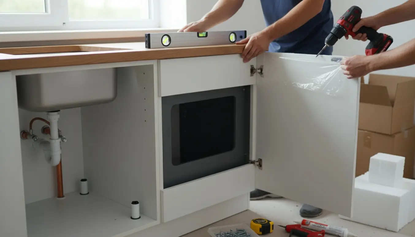 Hænder monterer et nyleveret samlet køkken med værktøj og emballage i et lyst, moderne køkken.