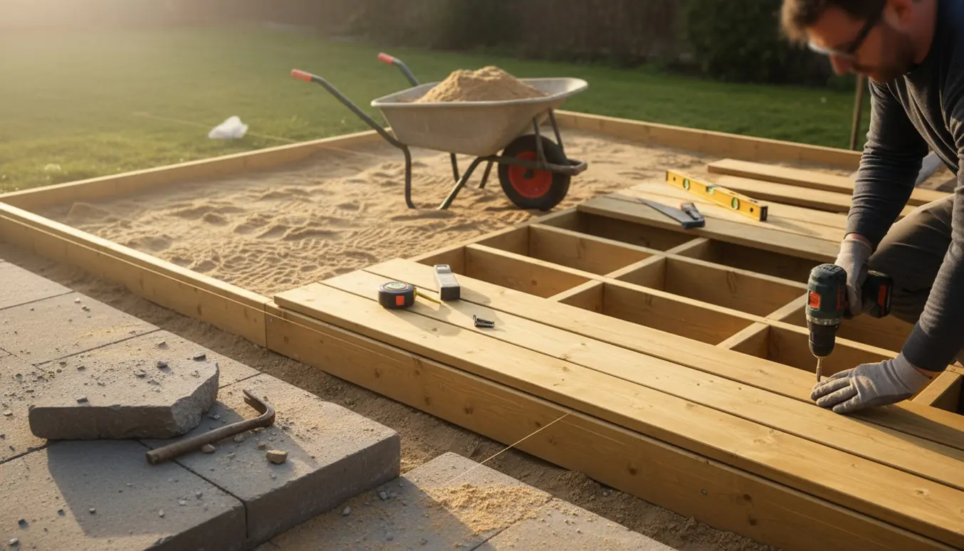 Delvist færdig træterrasse i baghaven med værktøj, sandbund og en fjernet betonstrappe.