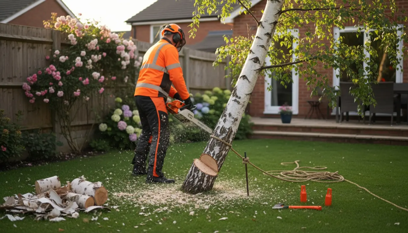 Fældning af birketræ i baghaven med motorsav, savsmuld og stablede stammer.