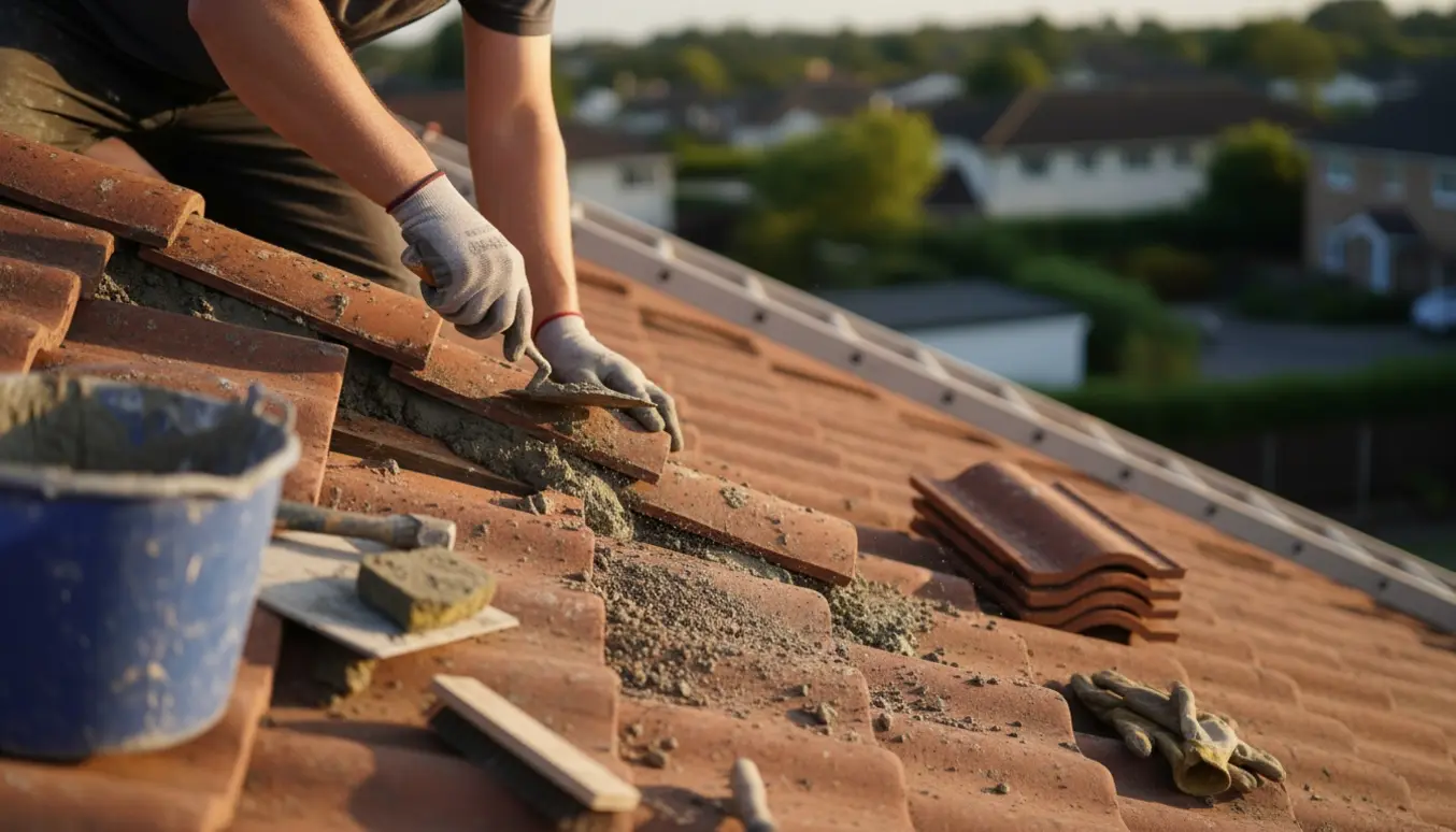 Reparation af tagryg med ny mørtel og genplacerede tegl, håndværkerens hænder og værktøj synlige.