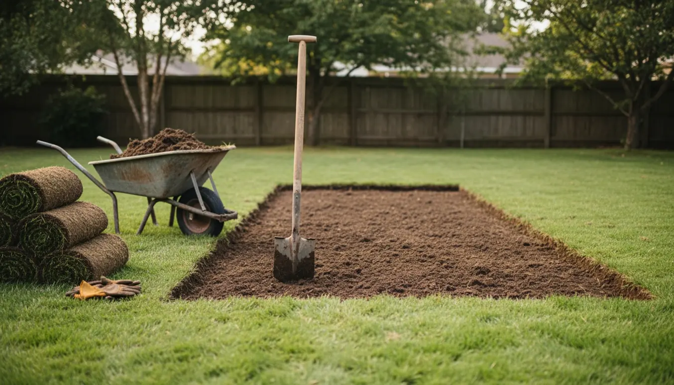 Udgravet rektangulært græsareal med skovl, trillebør og bunker af fjernet jord.
