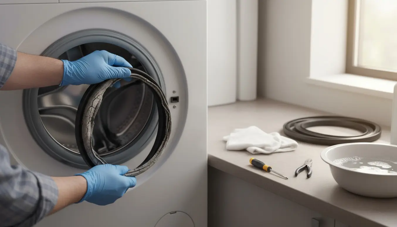 Nærbillede af hænder, der udskifter en revnet gummiring i en frontbetjent vaskemaskine med værktøj ved siden af.
