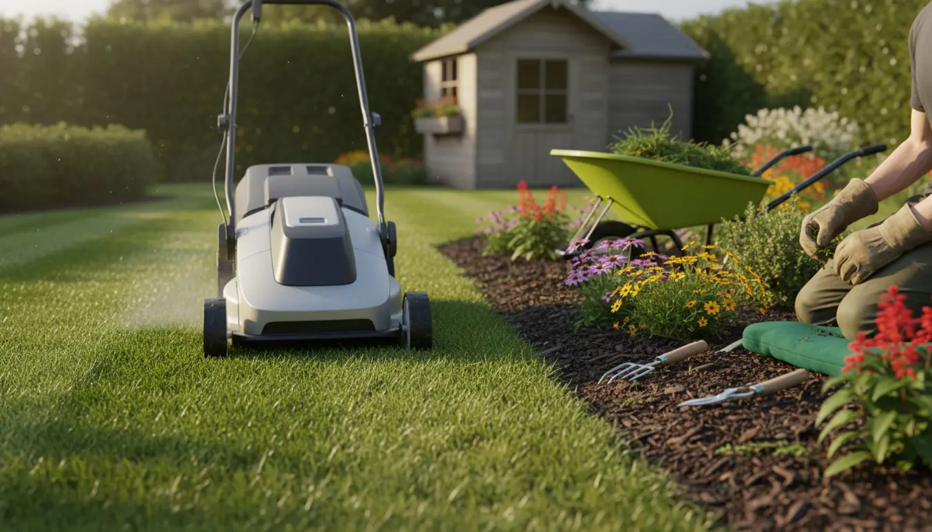 Nærbillede af plæneklipper på nyklippet græs og en gartner, der luger et blomsterbed med hænder og værktøj synlige, ingen ansigter.