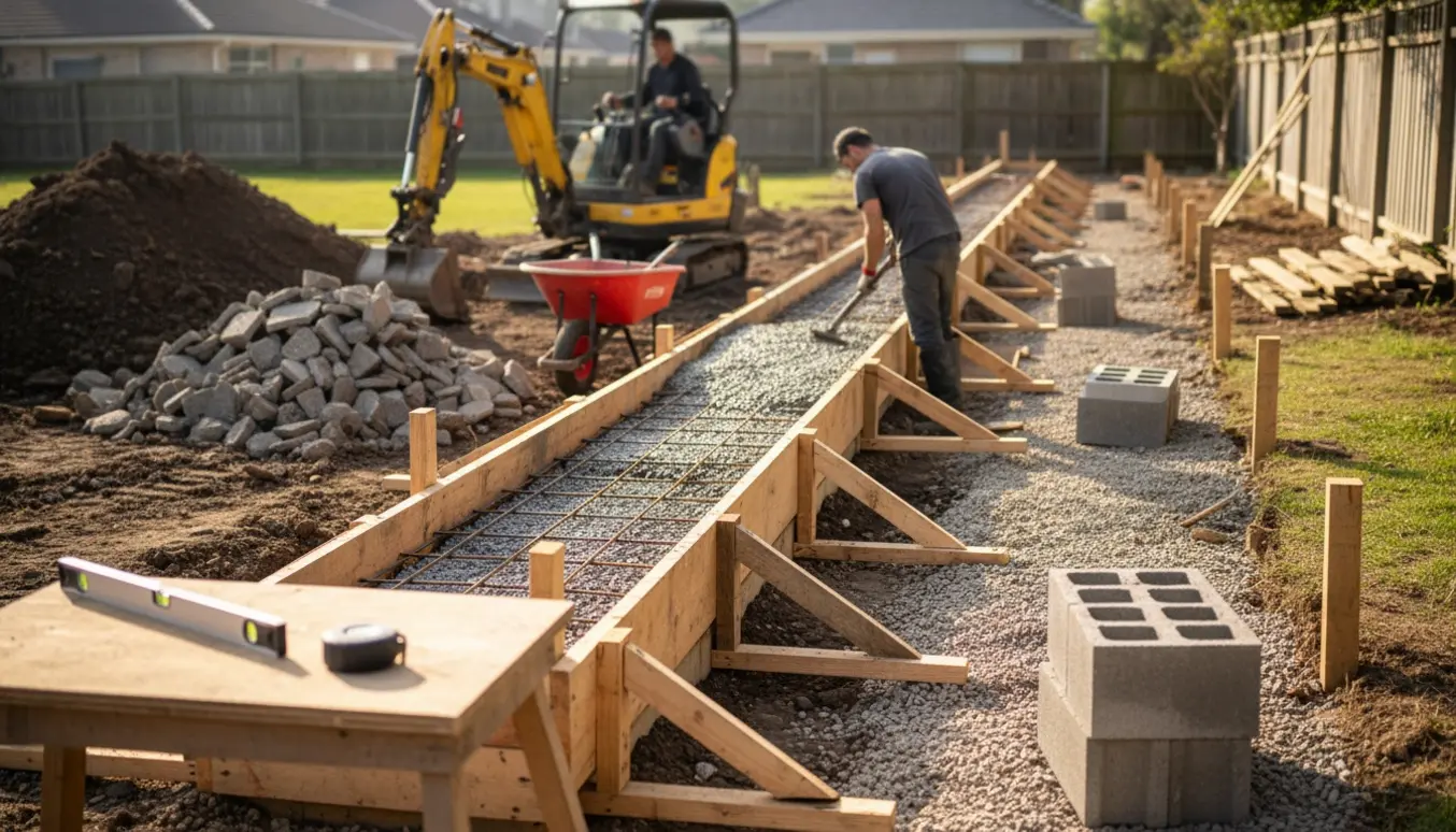 Ny støttemur under opførelse i en baghave med formarbejde, armeringsjern og bunker af opgravet jord.