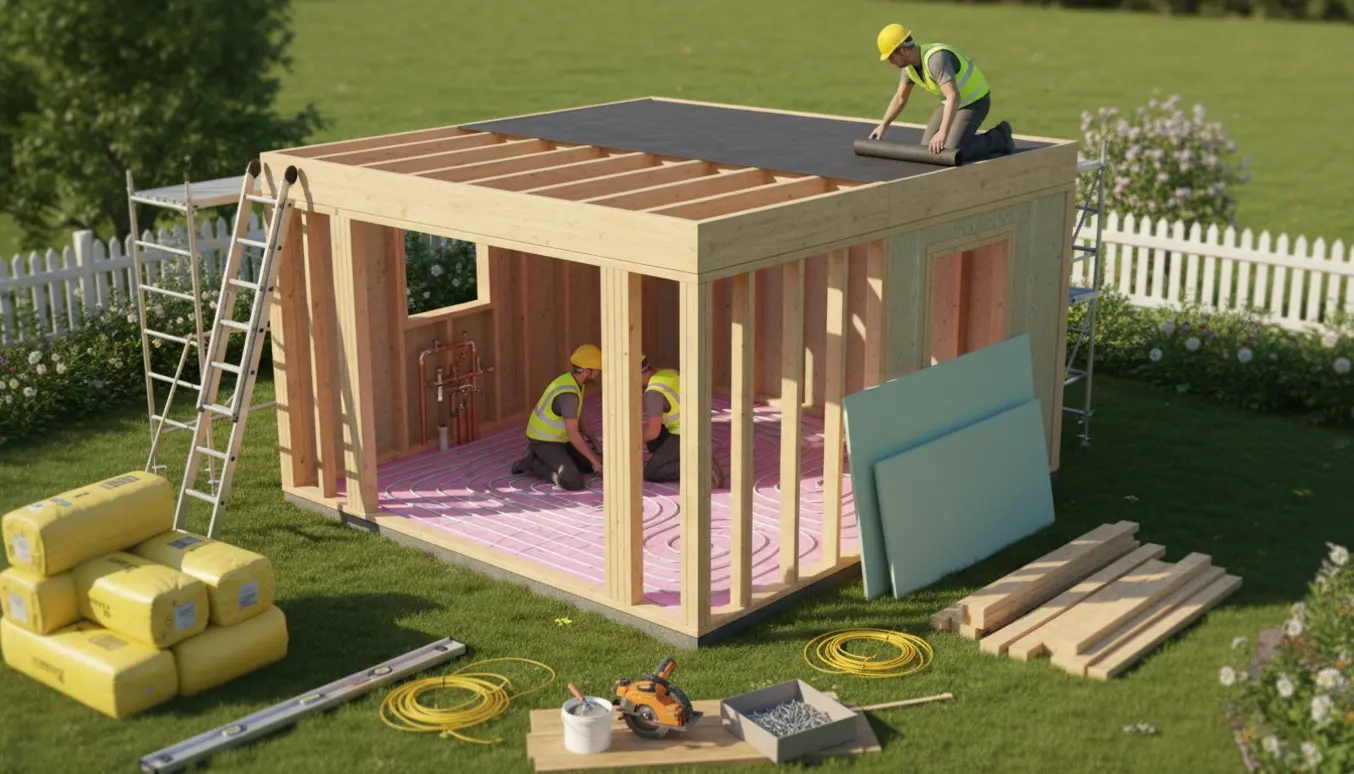 Træanneks under opførelse med fladt tag, isolering, gulvvarmeslanger og byggematerialer.