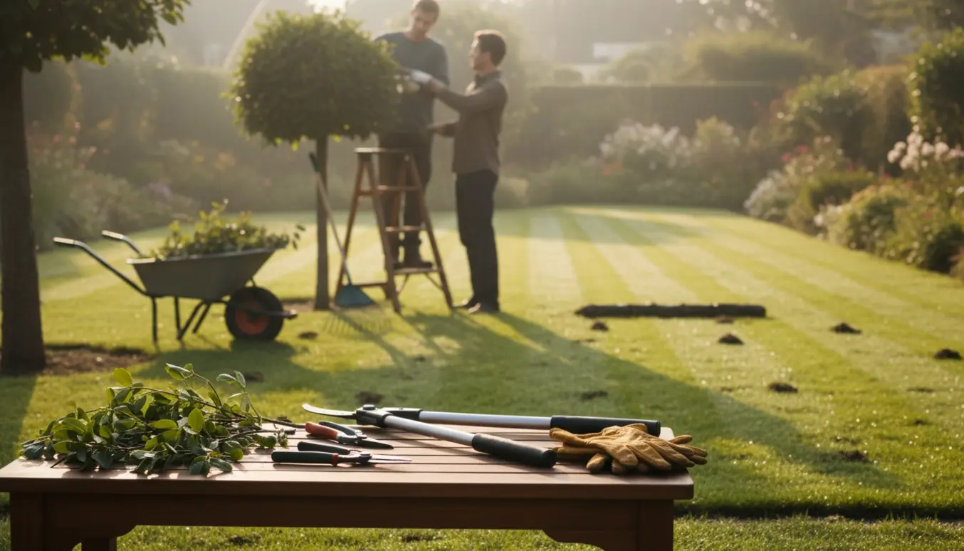 Gartner beskærer små træer ved kanten af en velplejet græsplæne med værktøj og afskårne grene i forgrunden.