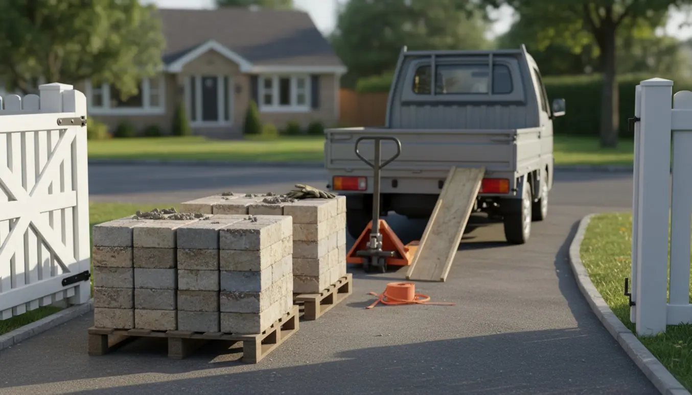 Stabler af fliser på paller ved en indkørsel klar til afhentning.
